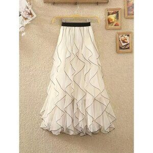 [Elegant Skirt] Polyester Elegant Layered Mesh High-Low Skirt | Solid Color, Mac